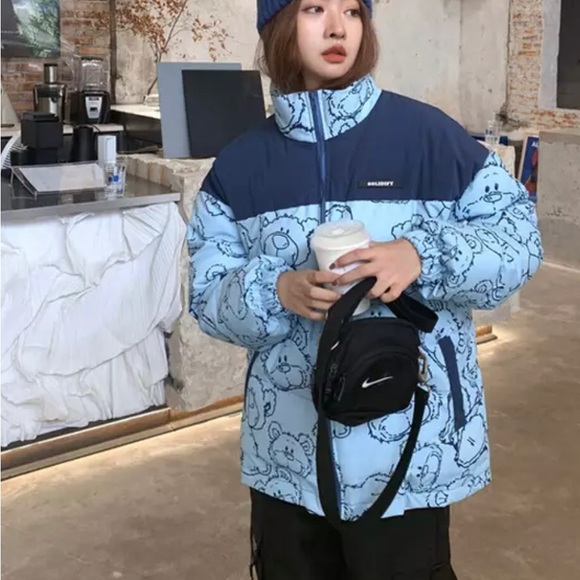 Cartoon Bear Print Oversized Jacket Loose Crop Puffer and Korean Knitted Beanie - Picture 8 of 14
